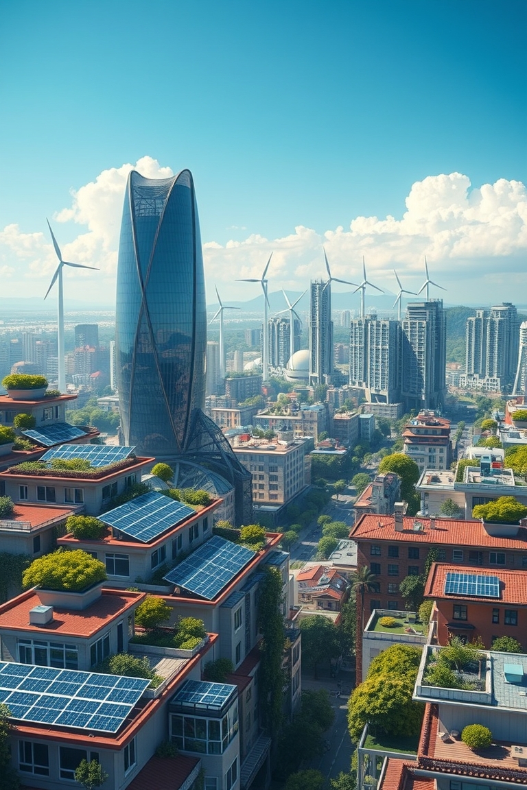 Futuristic city powered by renewable energy