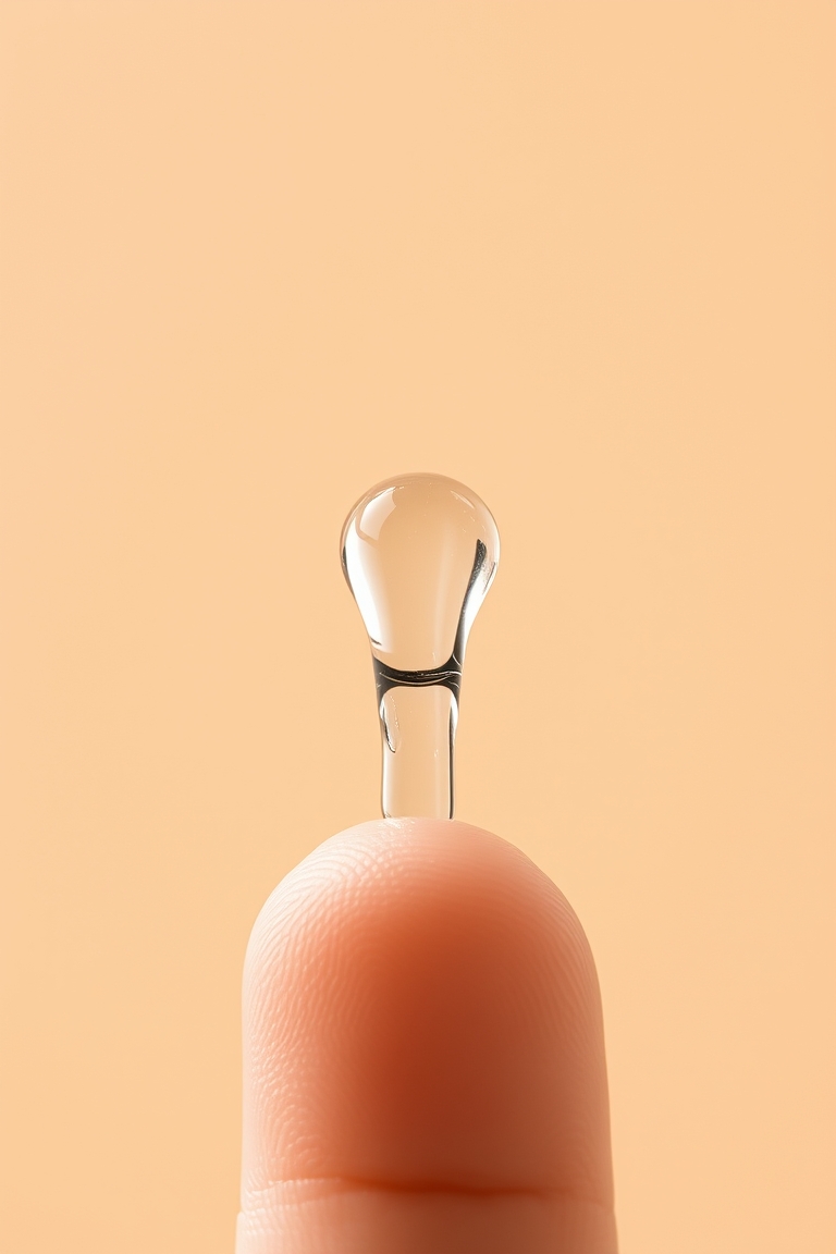 A drop of gentle retinol serum being applied to the skin.