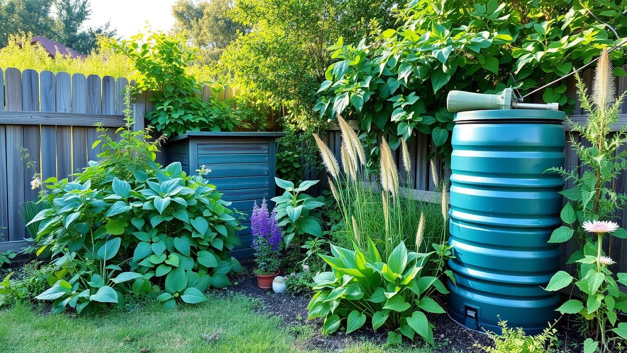 Eco-friendly garden with compost bin and rain barrel