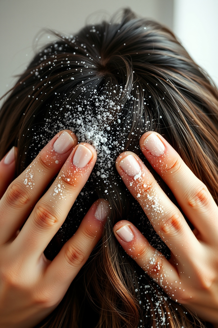 Hands applying dry shampoo to oily roots for residue‑free absorption