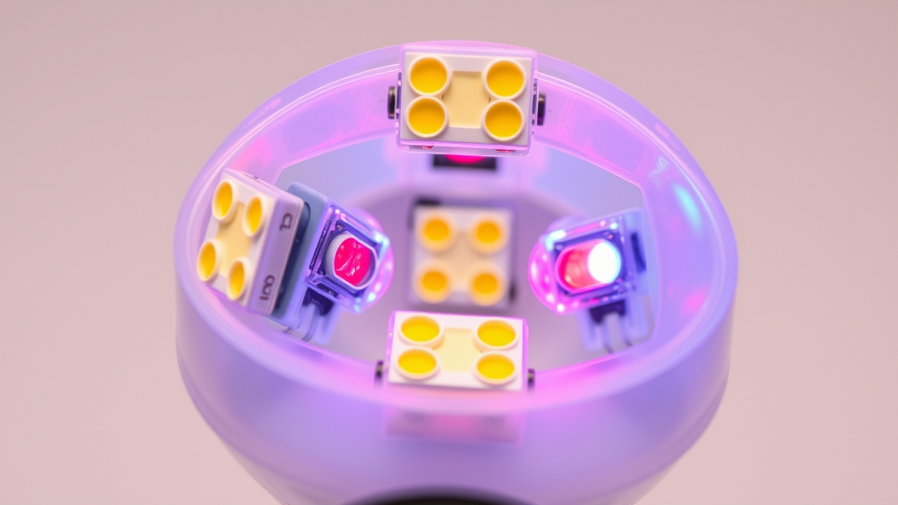 Detail of the diodes in a red light face mask for skincare.