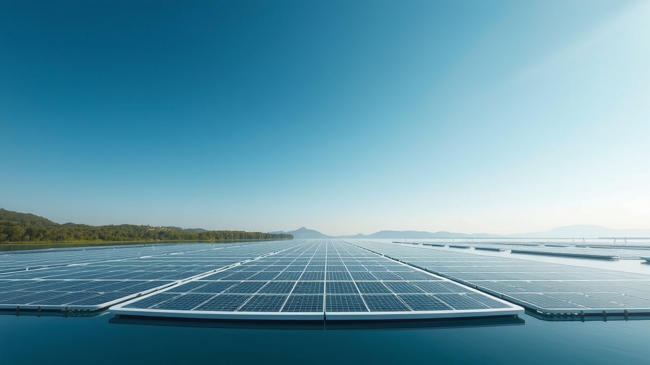 Floating solar panels on a lake reflecting sunlight