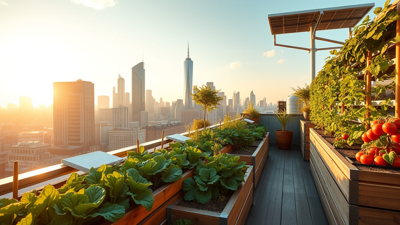 A lush, sustainable rooftop garden featuring vertical farming and organic vegetables against a city skyline.