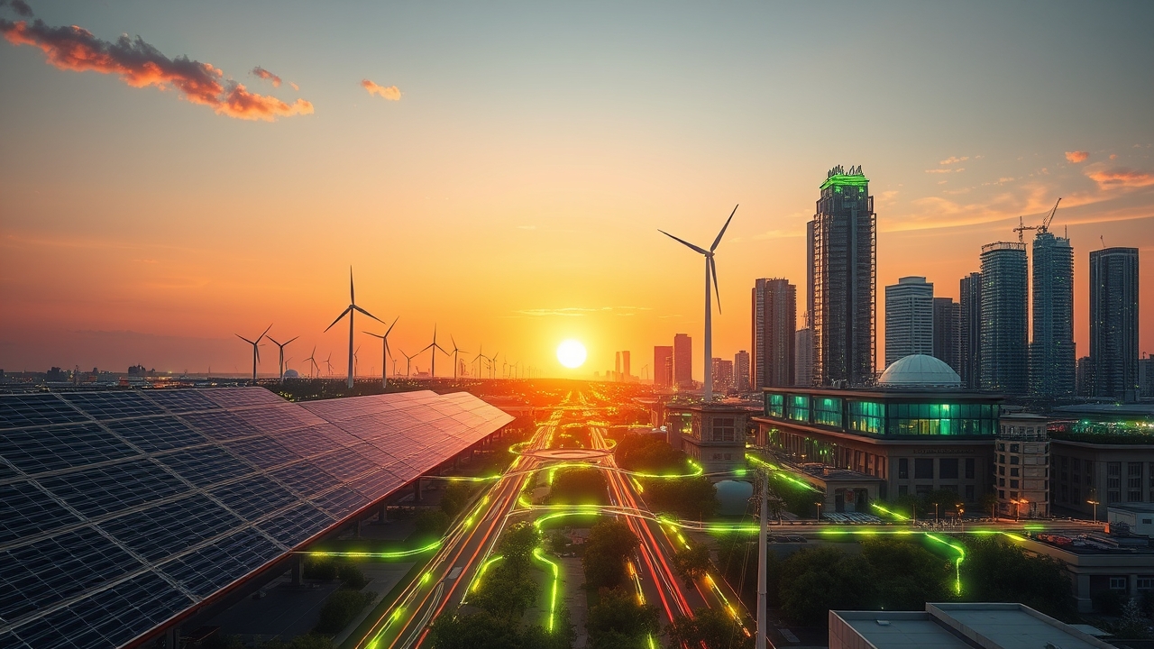 Futuristic city powered by renewable energy with solar panels, wind turbines, and smart grid infrastructure
