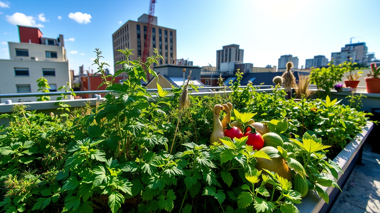Urban rooftop garden with herbs and vegetables