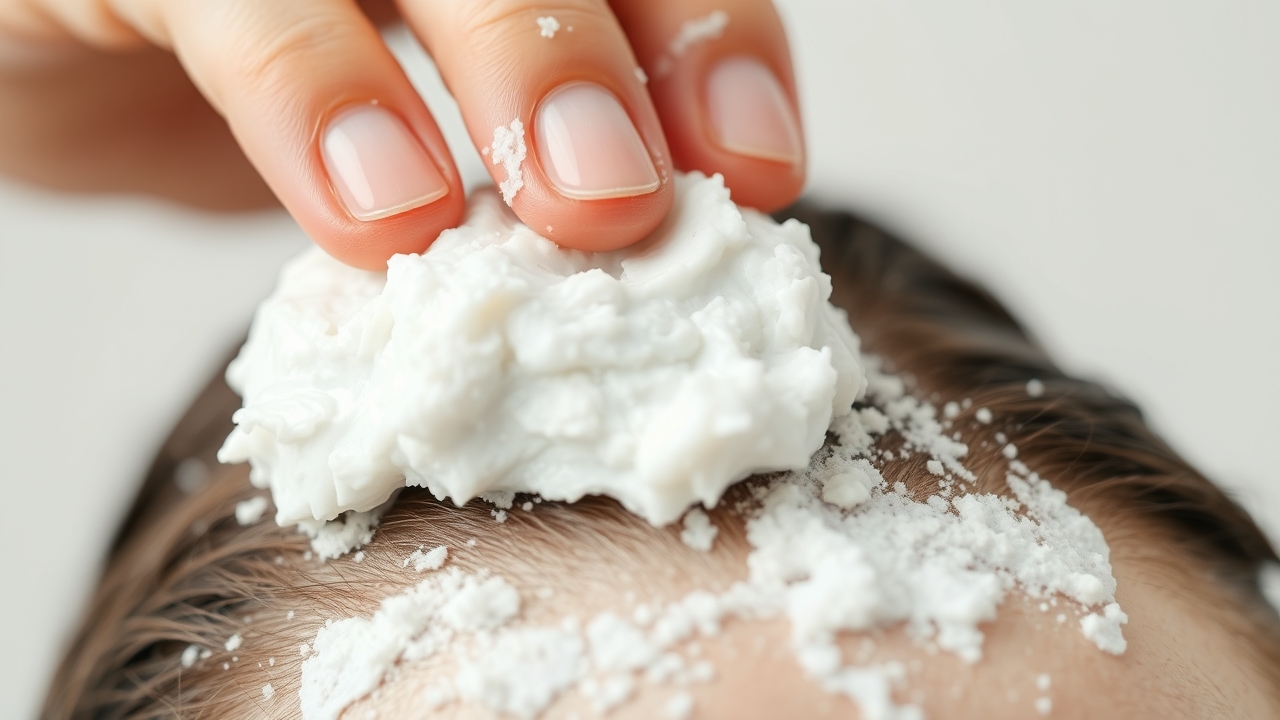 Applying a scalp exfoliator to remove dead skin and product residue.